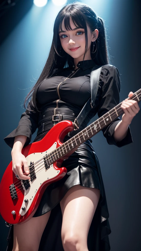 festa junina, ((masterpiece, best quality)) 1girl, 17 years old, solo, black slit dress, big eyes, blue eyes, cute face, smile, electric bass, bassist, Big Breasts, holding, holding plectrum, instrument, Long Straight hair, gothik, rock music, one side up, playing bass, slit skirt, black shirt, sexy body.