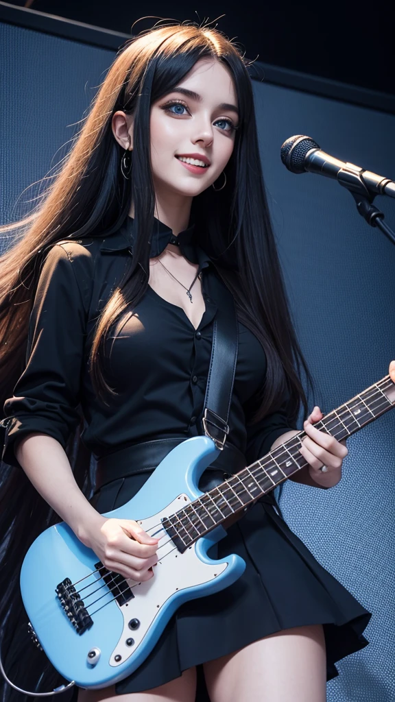 festa junina, ((masterpiece, best quality)) 1girl, 17 years old, solo, black slit dress, big eyes, blue eyes, cute face, smile, electric bass, bassist, Big Breasts, holding, holding plectrum, instrument, Long Straight hair, gothik, rock music, one side up, playing bass, slit skirt, black shirt, sexy body.