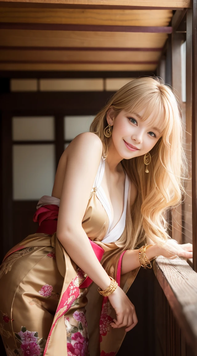 flying debris、Highest quality、An illustration、Highest quality、Understood、High resolution、8k wallpaper、Perfect dynamic composition、(((Ezvian Everywhere)))、((From below))、Beautiful and cute 20 year old girl、Beautiful face in every detail、Delicate and cute eyes、Fine skin、Red cheeks.、shy、(Semi-short hair:1.3)、(wavy blonde hair)、Small breasts、Bold sexy pose、smile、Small breasts、Between the legs、Small Ass、Thin ass、Generated on the eaves.、Narrow shoulders、wavy blonde hair、blonde、Heart-shaped earrings、smile、、Gold bracelet、Tie your hair back、hair ornaments、紅いkimono、kimono、Full body portrait、花柄のkimono、