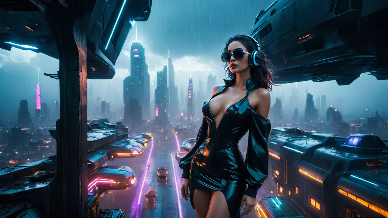 (aerial view, a flying cars docking platform, a very dark abandoned futuristic city, neon lights), rainy night. 1girl, solo, alone, large-breast:1.2 slim body, cleavage:1.1, sexy wind blowing wet dress:1.4, (headphone, black sunglasses), (((((she raised:1.8 a pistol:1.8 and took aim at viewer))))), dynamic pose, (((half-body thigh level medium shot))), cinematic lighting, lens flare, ray tracing.