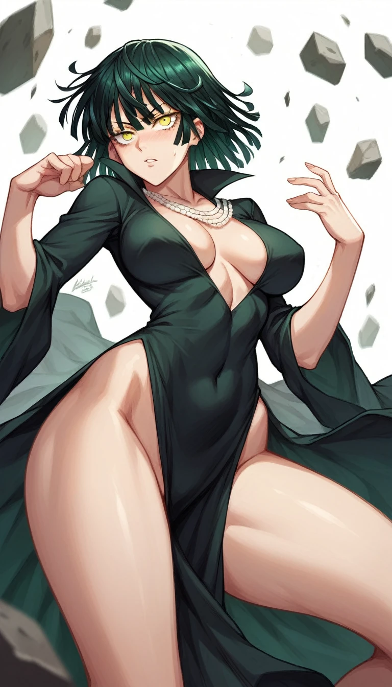 rating_explicit, fubuki from one punch man, yellow eyes, black dress, cleavage, necklaces