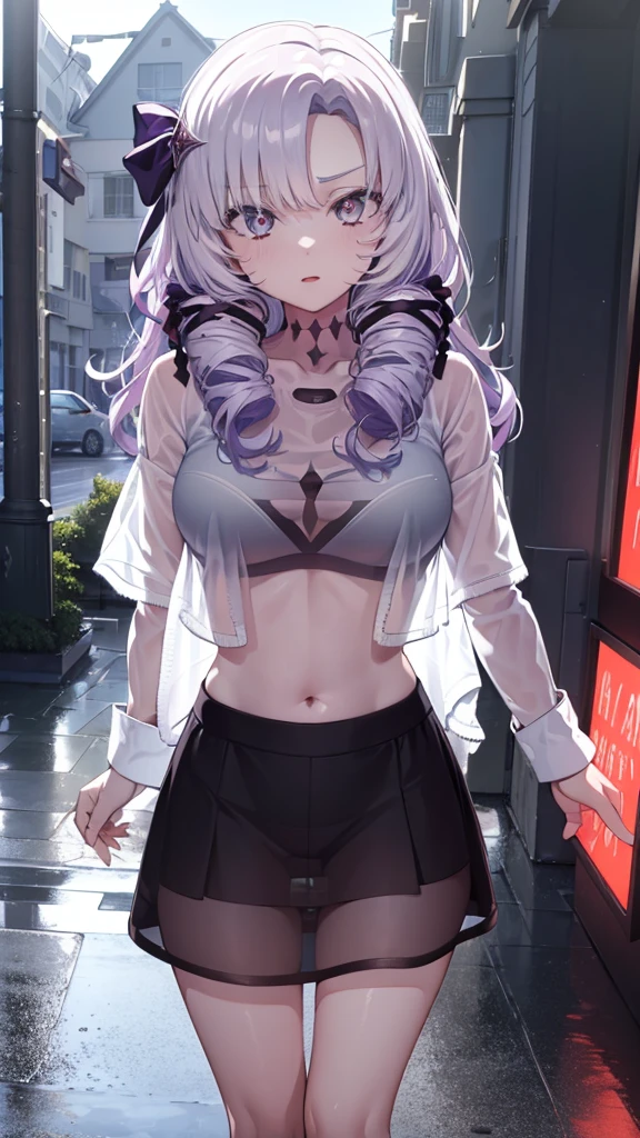 The clothes are wet, (Y-shirt is transparent: 1.4), skirt, (Unbroken body), (Perfect body structure), (arms two), (legs two), highest quality, 4K, (High resolution: 1.3) masterpiece , 1.2, Super detailed, HDR, Studio Lighting, Sharp Focus, Bright colors, Portrait, Warm tones, Soft Lighting,Rainy bus stop、