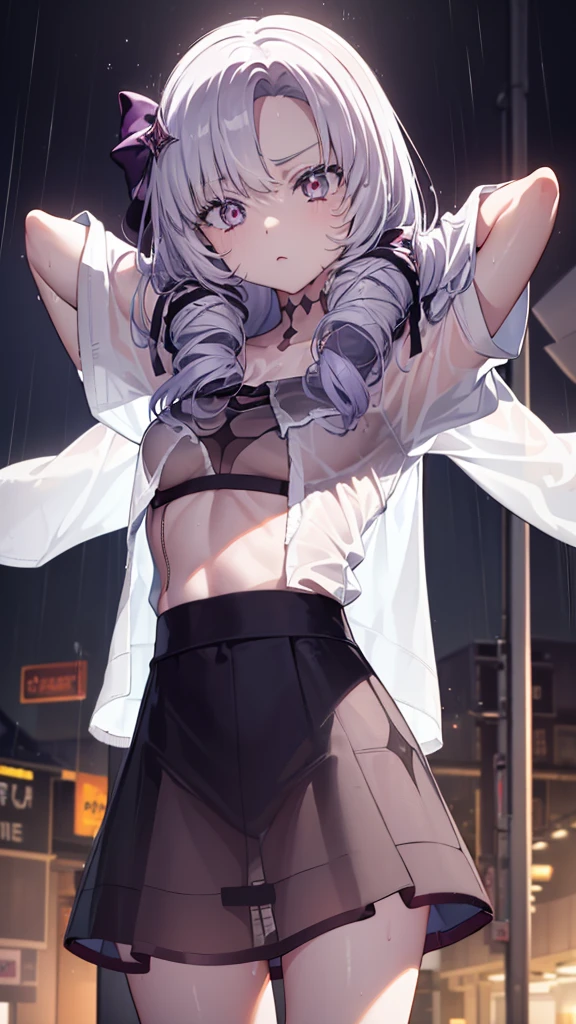 The clothes are wet, (Y-shirt is transparent: 1.4), skirt, (Unbroken body), (Perfect body structure), (arms two), (legs two), highest quality, 4K, (High resolution: 1.3) masterpiece , 1.2, Super detailed, HDR, Studio Lighting, Sharp Focus, Bright colors, Portrait, Warm tones, Soft Lighting,Rainy bus stop、