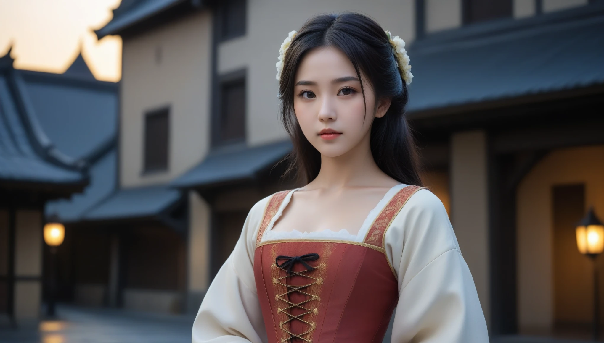 8k, Ultra-high resolution, Highest quality, masterpiece, 三分割法によるphotograph,Surreal, photograph, 1 Girl, (16 years old:1.3), pretty girl, Cute Face, Beautiful eyes in every detail, 細かくdetailedに,masterpiece,One Girl:1.2, Japan Female Announcer,extream close up,disgust,Long black hair,Loose curly hair,(Dressed in medieval European clothing:1.3),(印象派の美しい少女のPortraiture), (Standing in a medieval European square:1.3), (After the Rain), (Sunset reflection), (Impressionist light and colour),Realistic Skin, Perfect and beautiful face ,完璧でCute Face, Skin with attention to detail, Perfect limbs、Narrow waist,Looking at the audience、beauty,Long neck、(((Ideal body type))),A cup small breasts :2,Portraiture:2,Perfect Anatomy,鮮明なdetailed,detailed,Surreal,Light and shadow,darkness