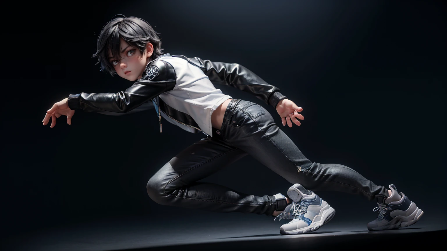 A boy wearing a black and blue leather jacket, a white t-shirt with navy plastic details on the sleeves, dark grey tight pants, light gray sneakers, a full body shot, black hair, on a black background
