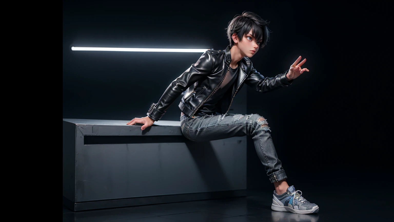 A boy wearing a black and blue leather jacket, a white t-shirt with navy plastic details on the sleeves, dark grey tight pants, light gray sneakers, a full body shot, black hair, on a black background