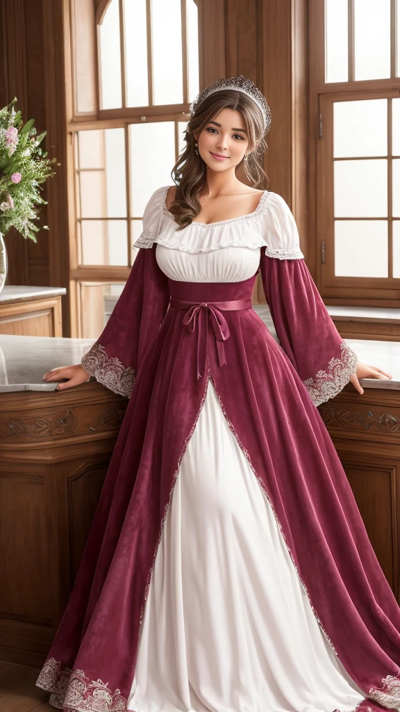 Une belle fille choisit une élégante robe en velours à épaules dénudées et fendue jusqu'aux cuisses. Une étole en fausse fourrure ajoute une touche de glamour. Ambiant: Le dîner-croisière est illuminé par de douces bougies, et les invités dégustent une cuisine gastronomique tout en naviguant sur les eaux hivernales. Le bruit des vagues douces et un cadre romantique. Elle a des cheveux bruns soyeux, gros yeux marrons, Beau visage, peau du visage brillante, sans impression, très beau modèle Instagram, image réaliste. composition dynamique, mouvement, ultra - détaillé, incroyablement détaillé, beaucoup de détails, détails et coups de pinceau étonnants, lisse
