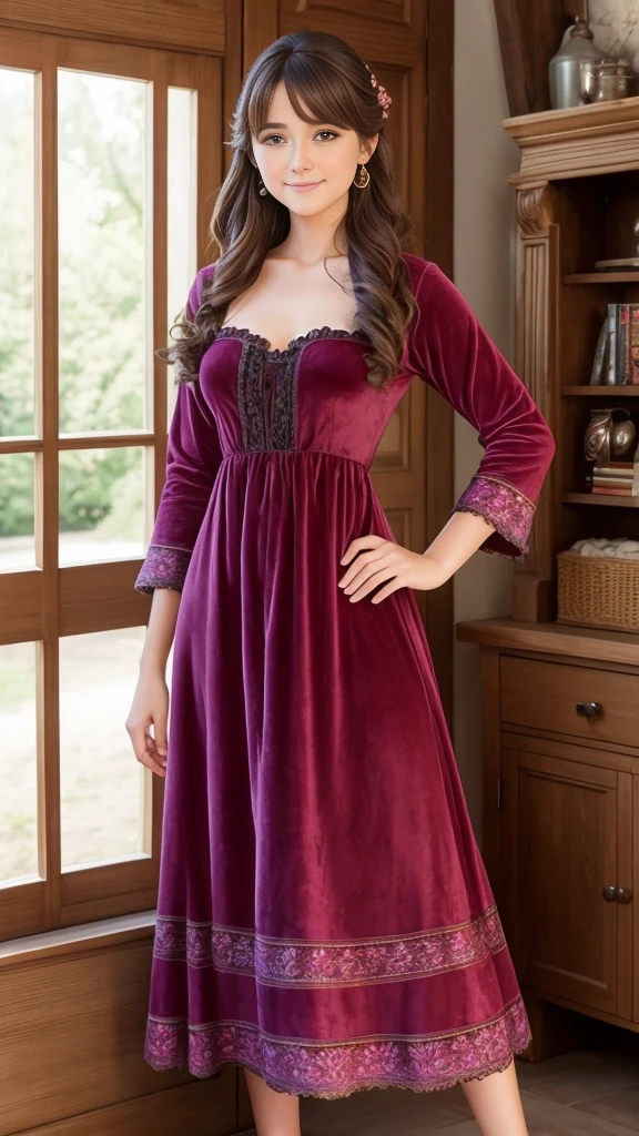 Une belle fille choisit une élégante robe en velours à épaules dénudées et fendue jusqu'aux cuisses. Une étole en fausse fourrure ajoute une touche de glamour. Ambiant: Le dîner-croisière est illuminé par de douces bougies, et les invités dégustent une cuisine gastronomique tout en naviguant sur les eaux hivernales. Le bruit des vagues douces et un cadre romantique. Elle a des cheveux bruns soyeux, gros yeux marrons, Beau visage, peau du visage brillante, sans impression, très beau modèle Instagram, image réaliste. composition dynamique, mouvement, ultra - détaillé, incroyablement détaillé, beaucoup de détails, détails et coups de pinceau étonnants, lisse