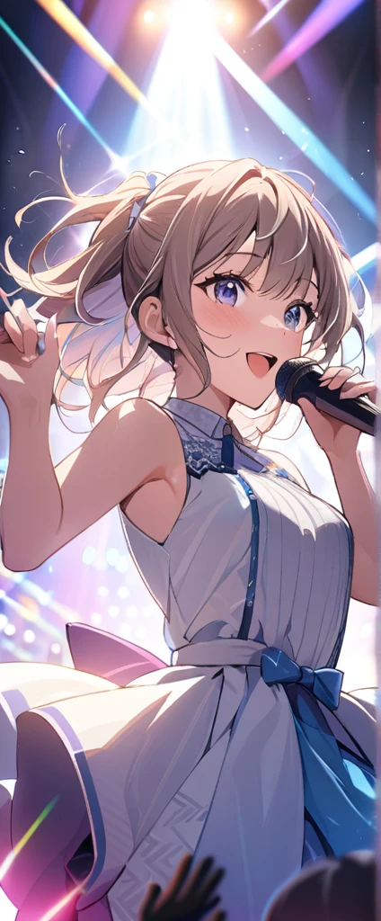 ((best quality)), ((masterpiece)), (detailed face and eyes), detailed hands and fingers, perfect face, accurate, textured skin, high details, Japanese idol singer, concert venue, in the spotlight, Holding a microphone and singing, Many colored rays, Singing, enthusiasm, cheers, Sleeveless dress