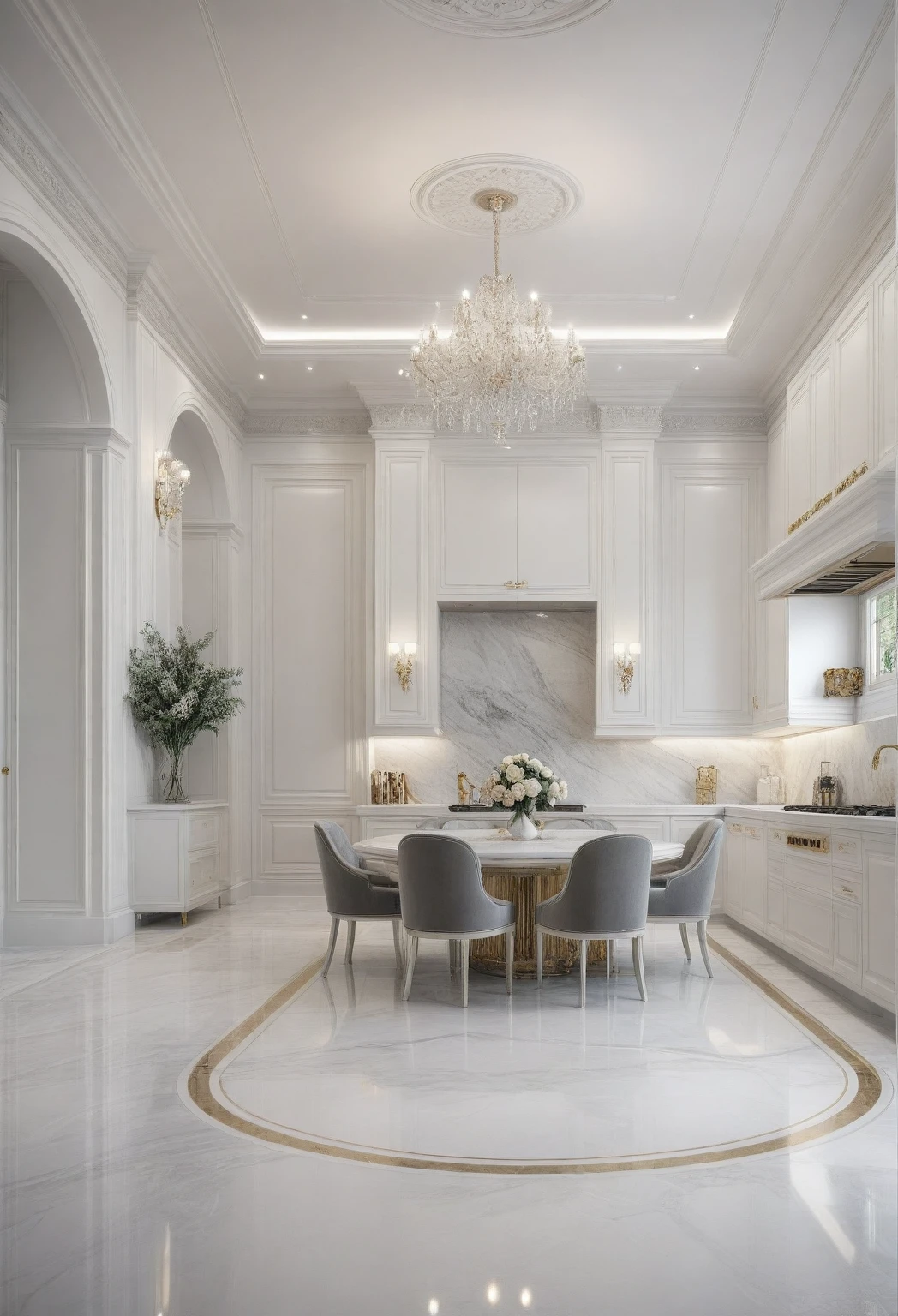 masterpiece, modern ((( bedroom : 1.3 ))) space, luxurious, aristocratic interior design, royal space, ((super detail :1.3))), neoclassical style design, neoclassical interior Modern blend, details, luxurious aristocratic neoclassical kitchen inside, luxurious marble floor, interior illustration, white, gray glossy floor ((1.2)),