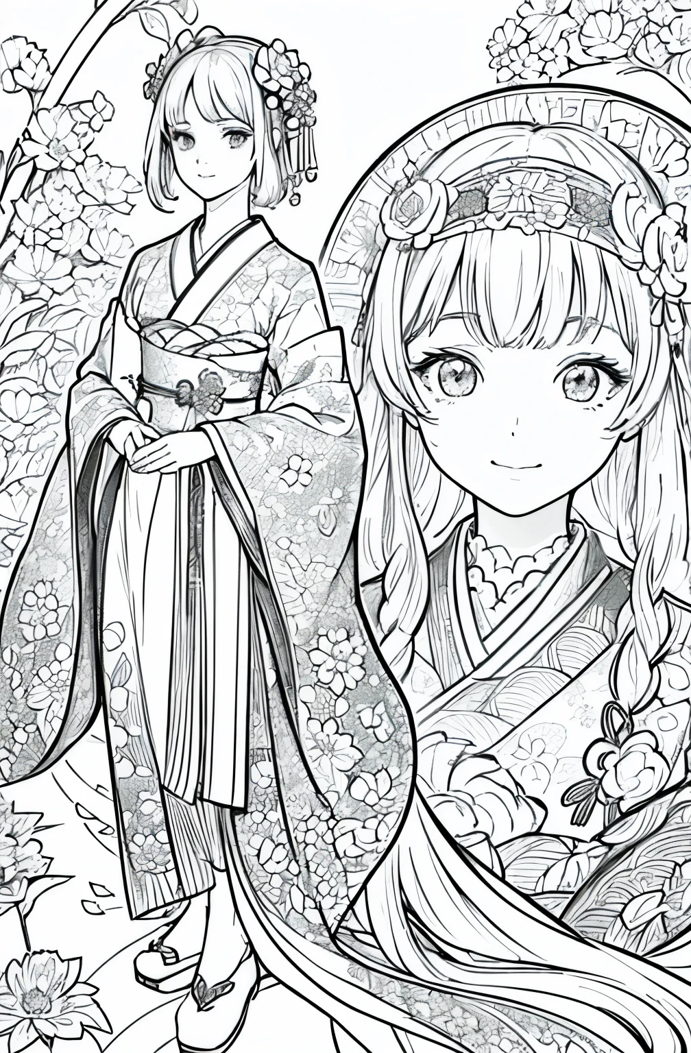 masterpiece, Highest quality, (Detailed Background), High Contrast, Highly detailed face, ((Eyes are clearly defined)), smile, Traditional Japanese furisode, Gorgeous floral and seasonal patterns, Beautiful garden in the background, Line drawings without color or shading, Beautiful line drawing, The outline is a thick line, Whole body from head to toe, Skinny
