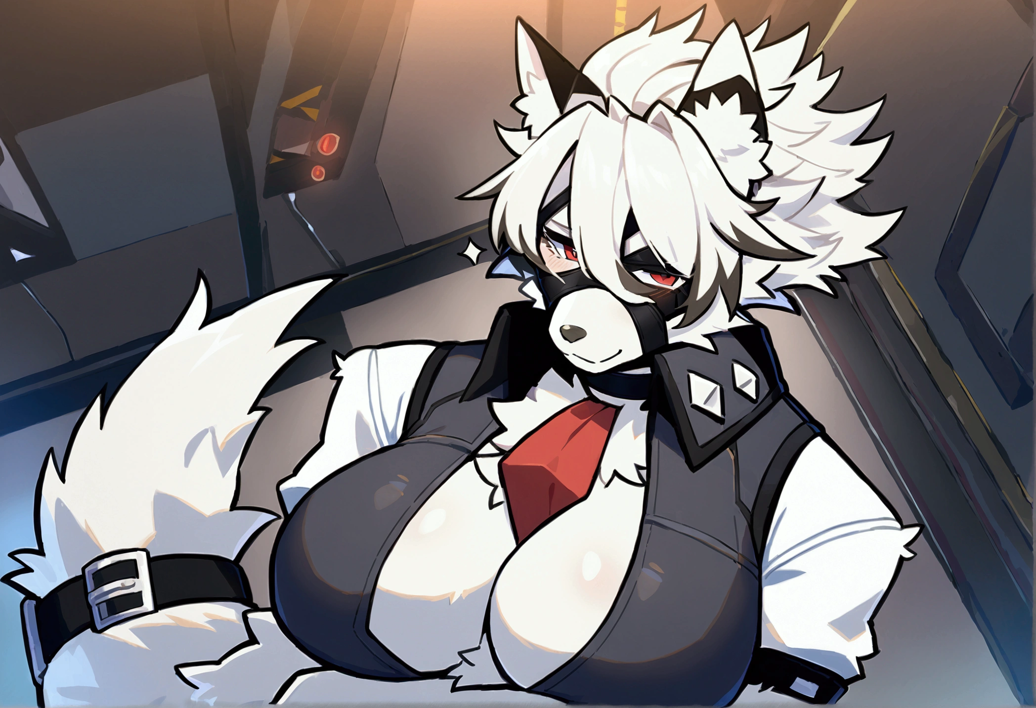 top quality, best quality, by yamame513, High-quality illustrations, masterpiece, uploaded on e621)(kemono, furry, anthro, alone), Zenless Zone Zero, round, 1 female, hot mother figure, very detailed body, white wolf, Von Lycaon, (Zenless Zone Zero), white fur, fluffy, big breasts, tail, perfect eyes, red eyes, eye patch, butler clothes, room, body movement, body twitching, shy smile, red blushing, looking at viewer,