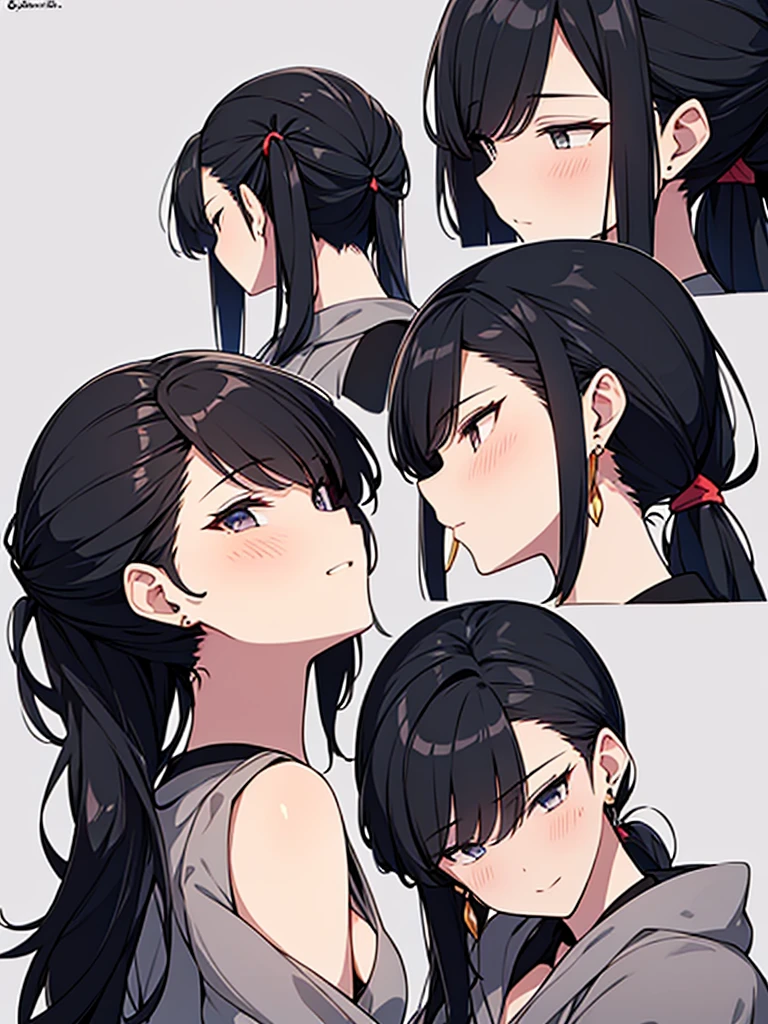 Side view of a beautiful woman with black hair and a ponytail kissing