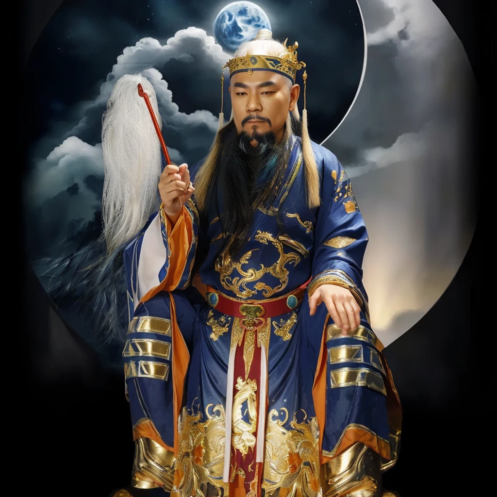 taoist priest with blue and gold robe, yin yang taiji background, holding white horse tail whisk 