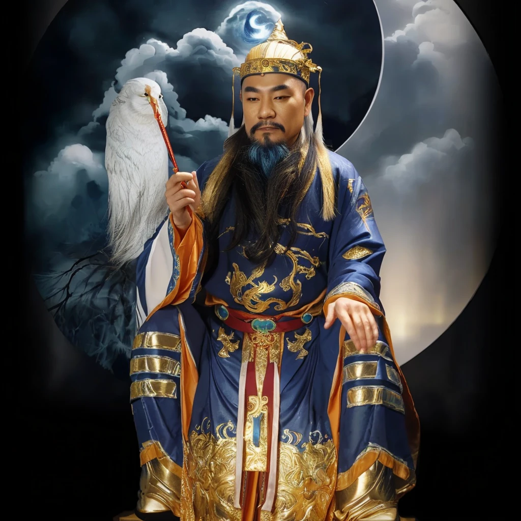 taoist priest with blue and gold robe, yin yang taiji background, holding white horse tail whisk 