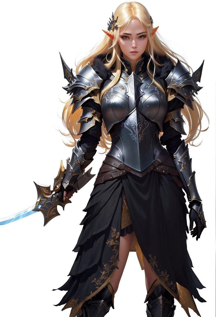 a woman in armor holding a sword and a sword, pale black armor, very stylish fantasy armor, armor girl, epic exquisite character art, wearing fantasy armor, from lineage 2, stunning armor, black armor, fantasy armor, by Yang J, black and golden armor, elegant armor, female armor, dark elf princess, clothed in ethereal battle armor, pretty face, nice face, sexy, sun high elf, big , brown skin face, blond hair, yellow hair,