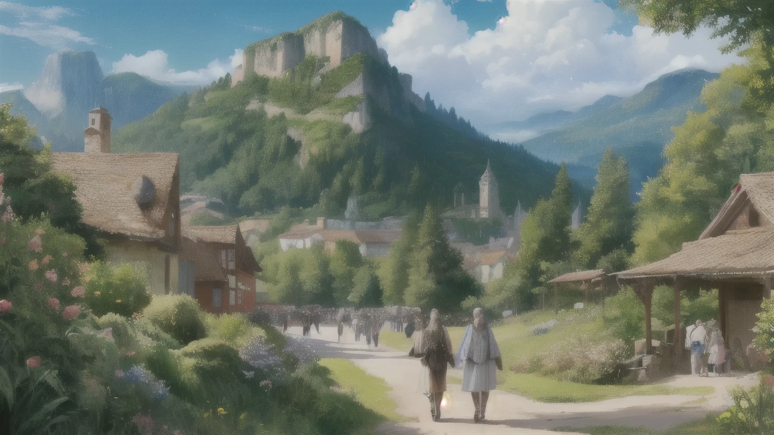 ((best quality)), ((masterpiece)), (detailed), A digital illustration of a group of people in ancient clothing walking and talking in a quaint, ancient town. The town is surrounded by lush greenery and mountains in the background. The people are all smiling and appear to be enjoying each other's compan