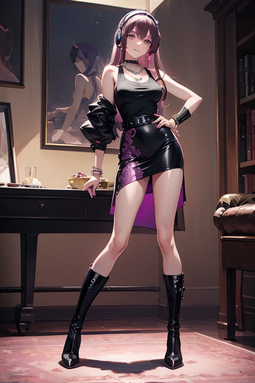 ((masterpiece, best quality, ultra-detailed)), beautiful woman smiling, pink tank top, bracelet, necklace, black midi pencil skirt, medium length skirt, leather boots, headphones, full body, long purple hair, hand on hip
