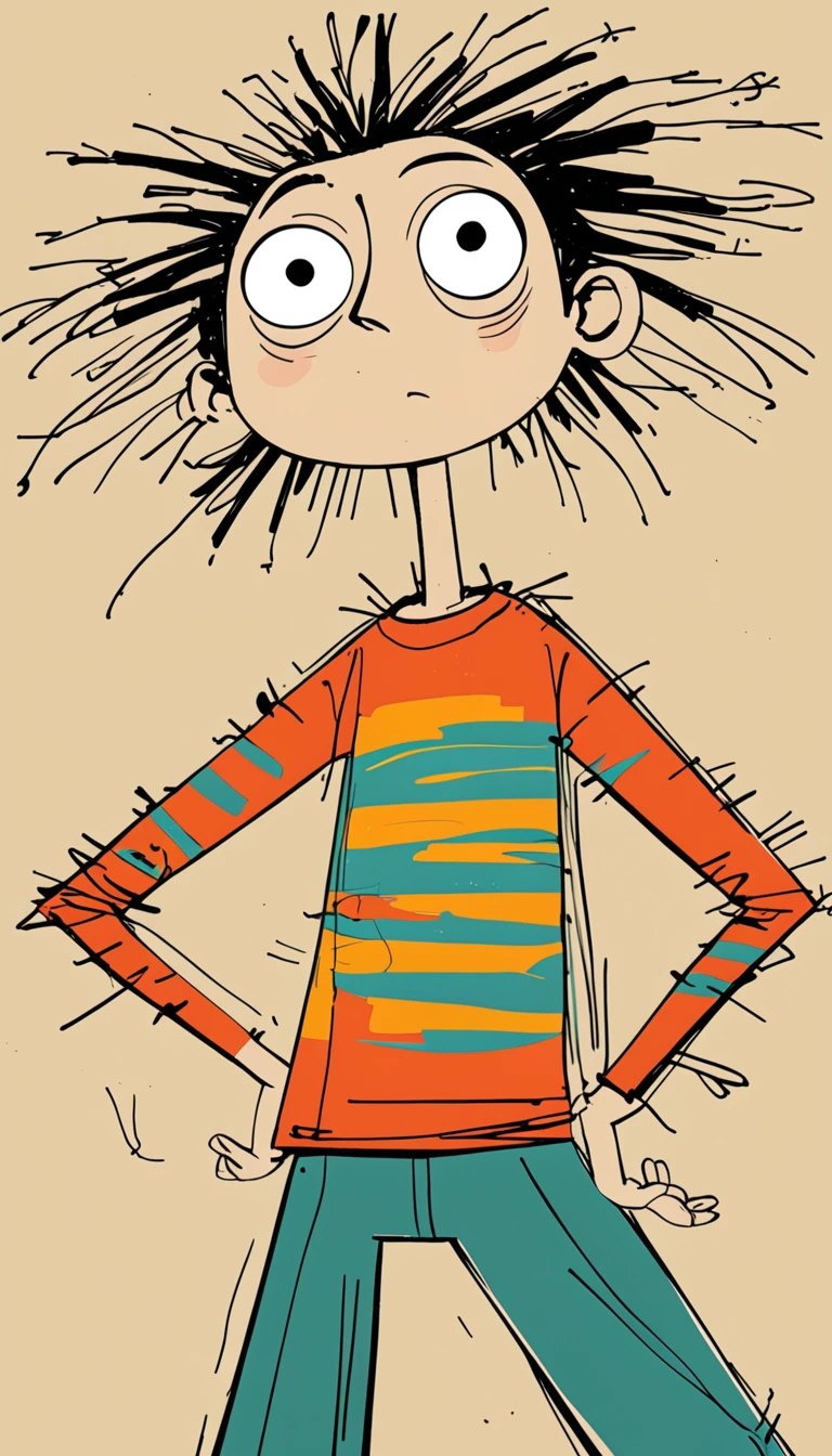 (((Exaggerated digital character sketches:1.37,Matchstick Men))).(1 Girl,Solitary,big eyes,Pointed nose,(Exaggerated expression,Exaggerated hairstyle),Messy hair),(Black sketch lines,Loose brushstrokes create the outline,Cartoon Style. Bright colors and simplified lines, sketch)。(Exaggerated body movements),(Large area of blank)