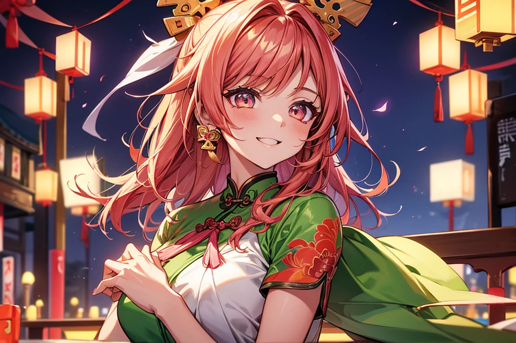 Create an illustration of an anthropomorphized sparrow girl at a vibrant, colorful mahjong tournament. She is wearing a cheongsam with traditional Chinese patterns and accessories made from mahjong tiles. Her hair is a gradient of brown and white with highlights of fluorescent pink and green, and her eyes are bright brown with a touch of fluorescent glow. She is posed joyfully celebrating a win, holding a mahjong tile between her fingers. The background features mahjong tables under colorful neon lights and lanterns, creating a lively and energetic atmosphere. Her expression is a beaming, joyous smile, capturing her exuberant personality.