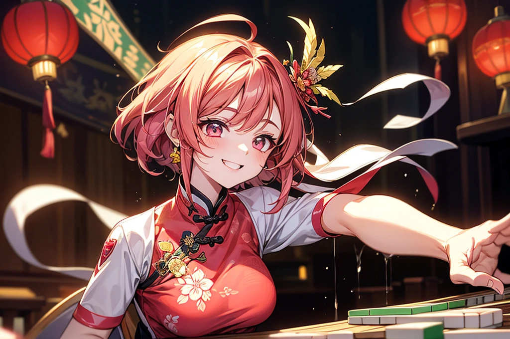 Create an illustration of an anthropomorphized sparrow girl at a vibrant, colorful mahjong tournament. She is wearing a cheongsam with traditional Chinese patterns and accessories made from mahjong tiles. Her hair is a gradient of brown and white with highlights of fluorescent pink and green, and her eyes are bright brown with a touch of fluorescent glow. She is posed joyfully celebrating a win, holding a mahjong tile between her fingers. The background features mahjong tables under colorful neon lights and lanterns, creating a lively and energetic atmosphere. Her expression is a beaming, joyous smile, capturing her exuberant personality.