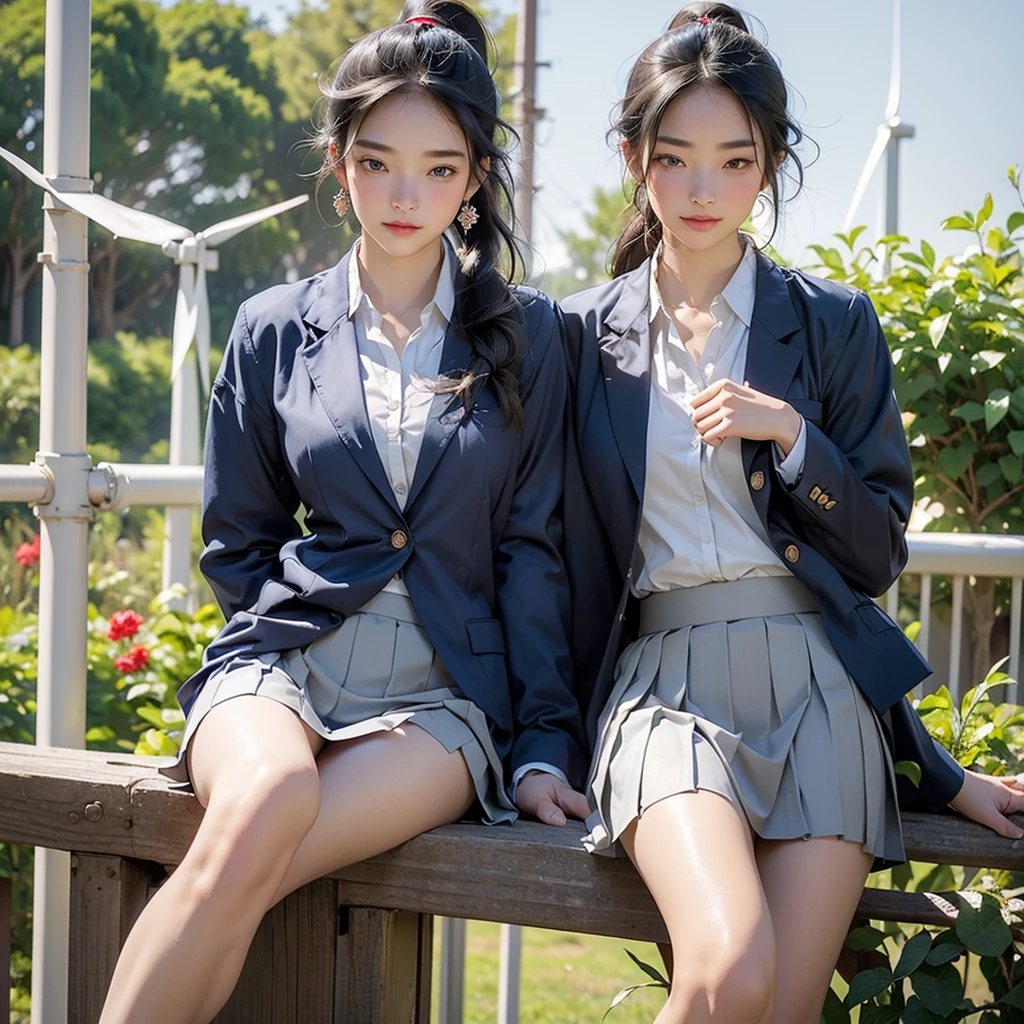 (masterpiece:1.2, Highest quality), (Realistic, photoRealistic:1.4), Beautiful illustrations, (Natural Side Lighting, Cinema Lighting), , 
(View your viewers), 1 girl, Japanese, high school girl, Perfect Face, Cute and symmetrical face, Glowing Skin, , 
(Mid-length hair, Raised ponytail, Black Hair), Hair between the eyes, blue eyes, (Middle chest, Captivating thighs, Big Ass), Earrings, 
Beautiful Hair, Beautiful Face, Beautiful attention to detail, Beautiful clavicle, Beautiful body, Beautiful breasts, Beautiful thighs, Beautiful feet, 
(((Navy Blazer, Close Blazer), White collared shirt with long sleeves, Grey pleated mini skirt)), Red bow tie, , 
(Beautiful views), Daytime, garden, (Look forward), (Annoyed expression, Blushing, Embarrassed expression), (((Pulling on skirt, Wind power increase))), 