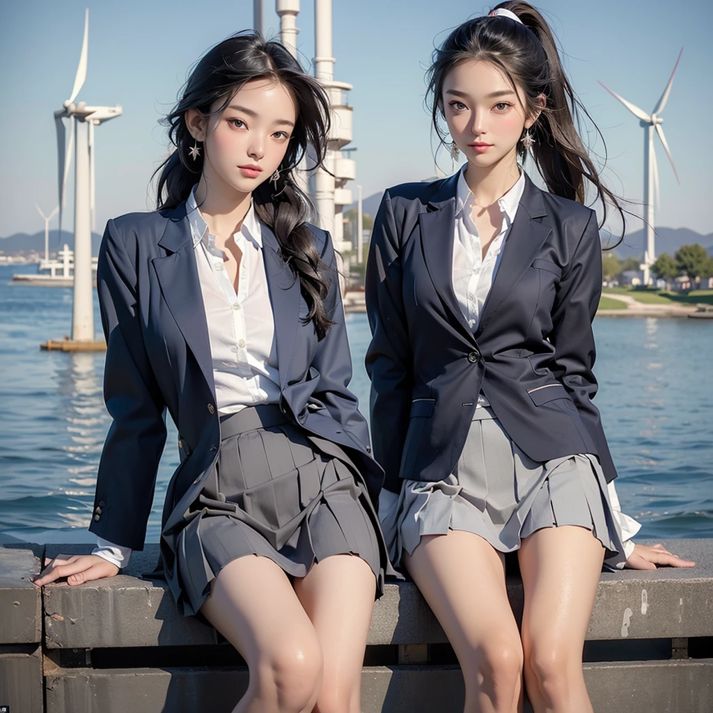 (masterpiece:1.2, Highest quality), (Realistic, photoRealistic:1.4), Beautiful illustrations, (Natural Side Lighting, Cinema Lighting), ,
(View your viewers), 1 girl, Japanese, high school girl, Perfect Face, Cute and symmetrical face, Glowing Skin, ,
(Mid-length hair, Raised ponytail, Black Hair), Hair between the eyes, blue eyes, (Middle chest, Captivating thighs, Big Ass), Earrings,
Beautiful Hair, Beautiful Face, Beautiful attention to detail, Beautiful clavicle, Beautiful body, Beautiful breasts, Beautiful thighs, Beautiful feet,
(((Navy Blazer, Close Blazer), White collared shirt with long sleeves, Grey pleated mini skirt)), Red bow tie, ,
(Beautiful views), Daytime, garden, (Look forward), (Annoyed expression, Blushing, Embarrassed expression), (((Pulling on skirt, Wind power increase))),