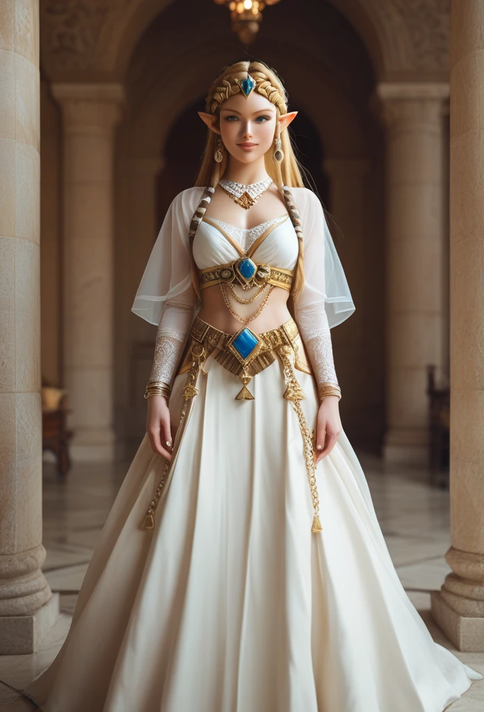 score_9, score_8_up, score_7_up, Amidst a grand royal ball, Princess Zelda from "The Legend of Zelda" series captivates the room with her grace and intelligence. Dressed in a regal gown, she discusses strategies and ancient lore with diplomats, her leadership and wisdom making her a magnetic figure in a realm filled with intrigue.
