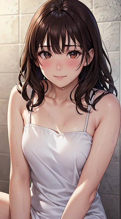 (Tabletop, Highest quality, High resolution, , Pixel perfect, 4K,), 1 girl, single, alone, Beautiful woman、I could see the whole body、 ((Wavy mid-length hair, bangs, Brown Hair)), ((Brown eyes, Beautiful eyelashes, Realistic eyes)), ((Detailed face, blush:1.2)), ((Smooth texture:0.75, Realistic texture:0.65, Realistic:1.1, Anime CG style)), Small chest, Dynamic Angle, Perfect body、look up、A shy smile、Angle from below、Shower room、Sitting on the floor、Wet towel
