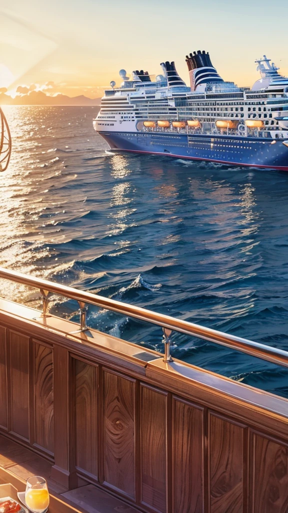 Take a round-the-world cruise on a luxury cruise ship　Large luxury cruise ships passing each other　Beautiful girl looking at the cruise ship　A port where large luxury cruise ships pass by　Light blue long hair　A beautiful girl with twin tails　Bright smile　