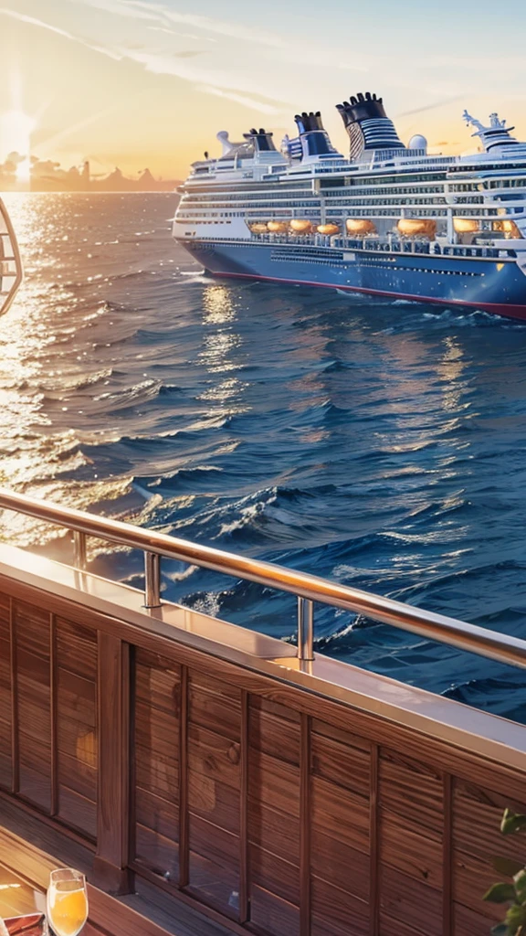 Take a round-the-world cruise on a luxury cruise ship　Large luxury cruise ships passing each other　Beautiful girl looking at the cruise ship　A port where large luxury cruise ships pass by　Light blue long hair　A beautiful girl with twin tails　Bright smile　