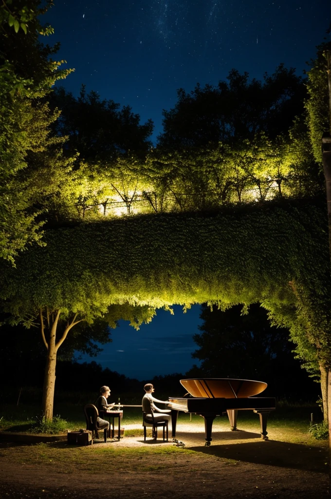 un piano, jouons tout seul, devant l'entrée, une arène, de catch, atmosphère nuit