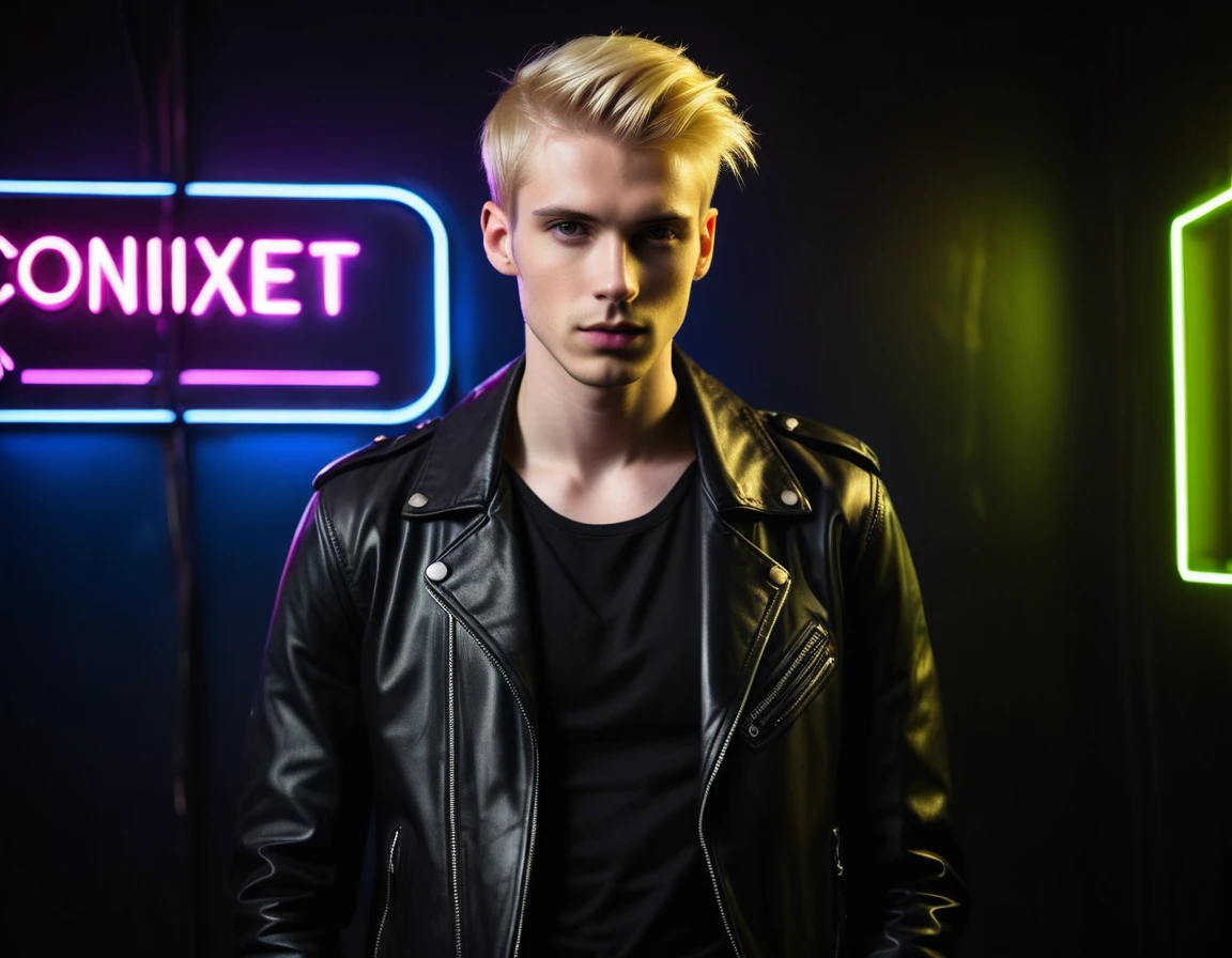 Photorealistic, dark vibes, solo, young man, 22 years, pale skin, model (skinny:1.3), (short stylish blond hair:1.5), (black leather jacket:1.3), dark lighting, foreboding, sexy, (neon text:"CONTEXT":1.4), night club setting, BDSM background