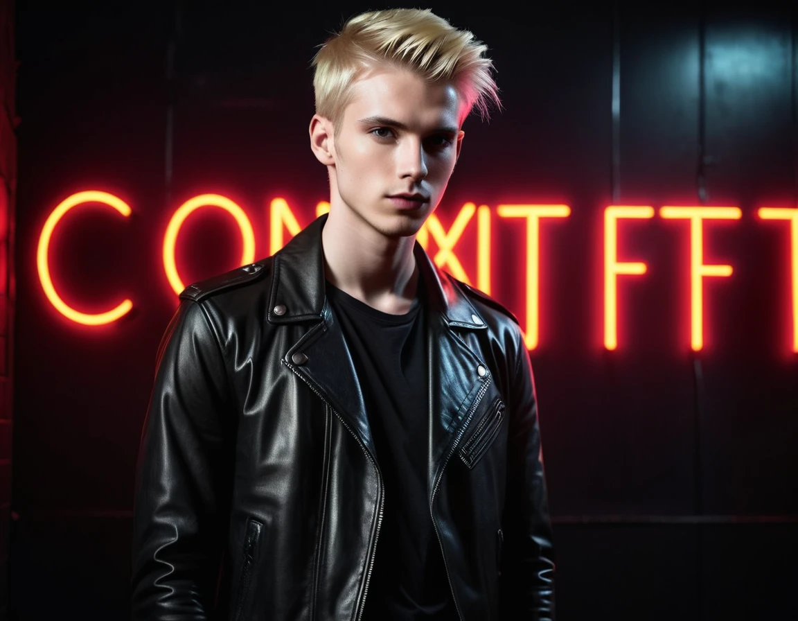 Photorealistic, dark vibes, solo, young man, 22 years, pale skin, model (skinny:1.3), (short stylish blond hair:1.5), (black leather jacket:1.3), dark lighting, foreboding, sexy, (neon text:"CONTEXT":1.4), night club setting, BDSM background