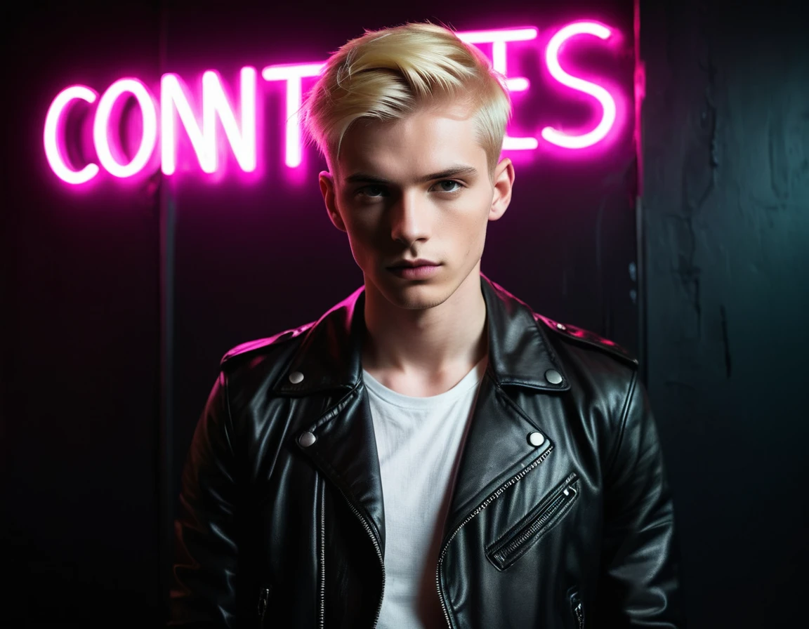 Photorealistic, dark vibes, solo, young man, 22 years, pale skin, model (skinny:1.3), (short stylish blond hair:1.5), (black leather jacket:1.3), dark lighting, foreboding, sexy, (neon text:"CONTEXT":1.4), night club setting, BDSM background