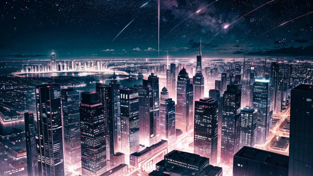 city view, at night, pink tones, falling stars