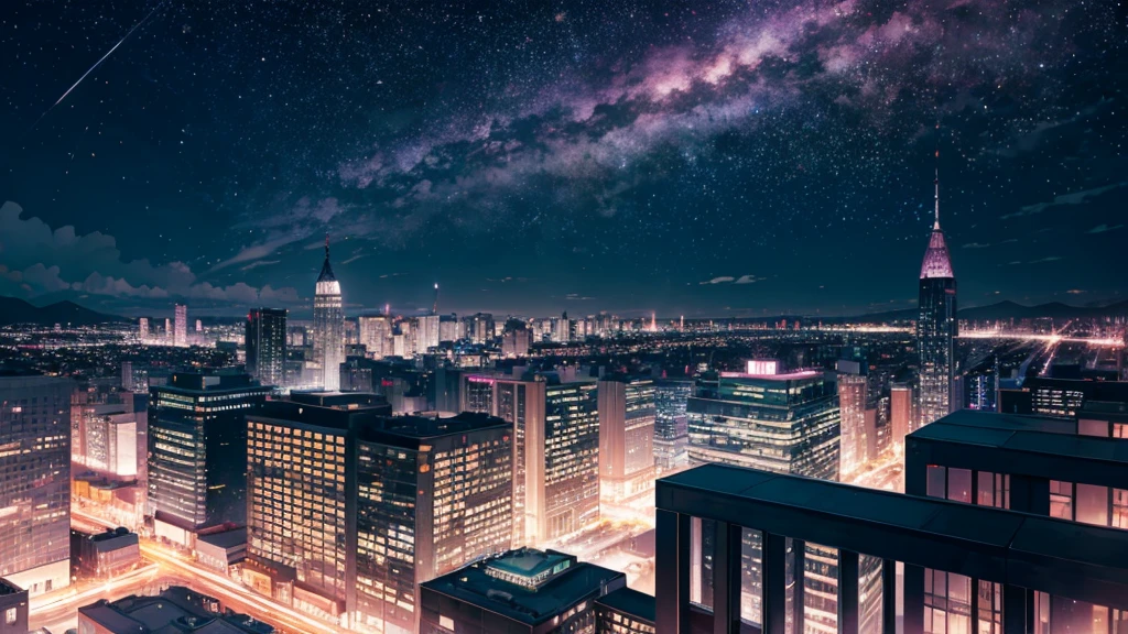 city view, at night, pink tones, falling stars
