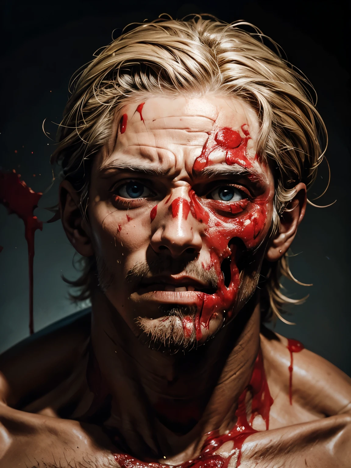 A dissected head, with brain on show, bloodied