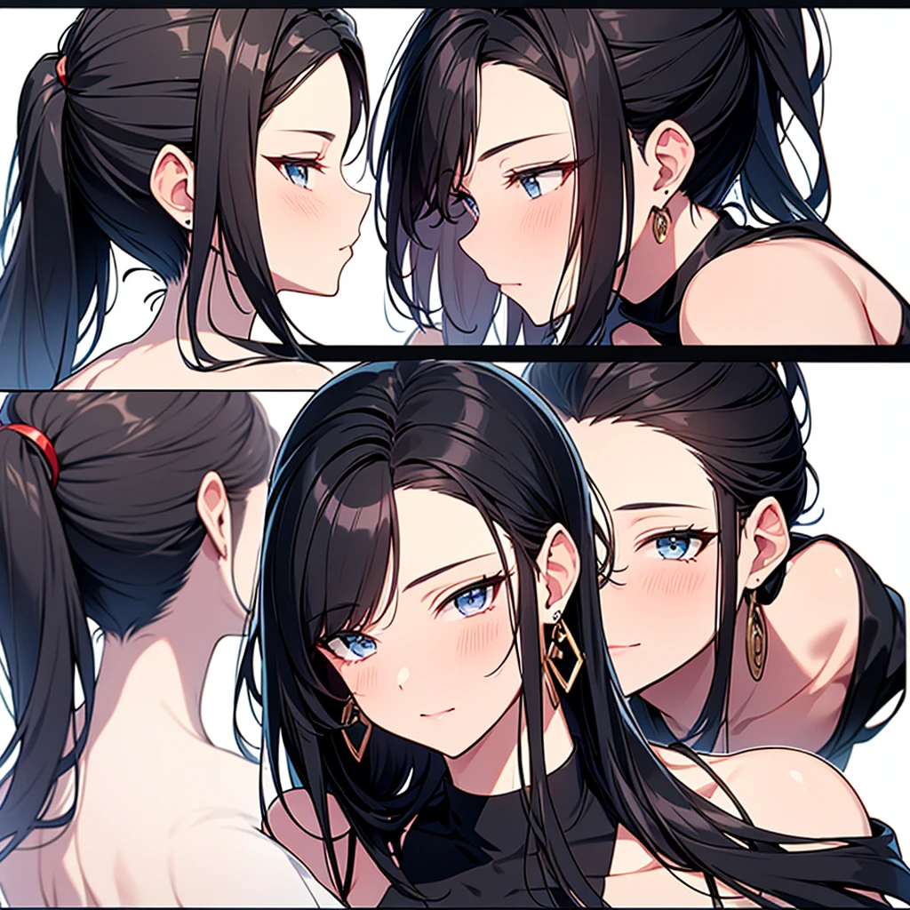 Close-up side view of beautiful woman with black hair and ponytail kissing face, one person