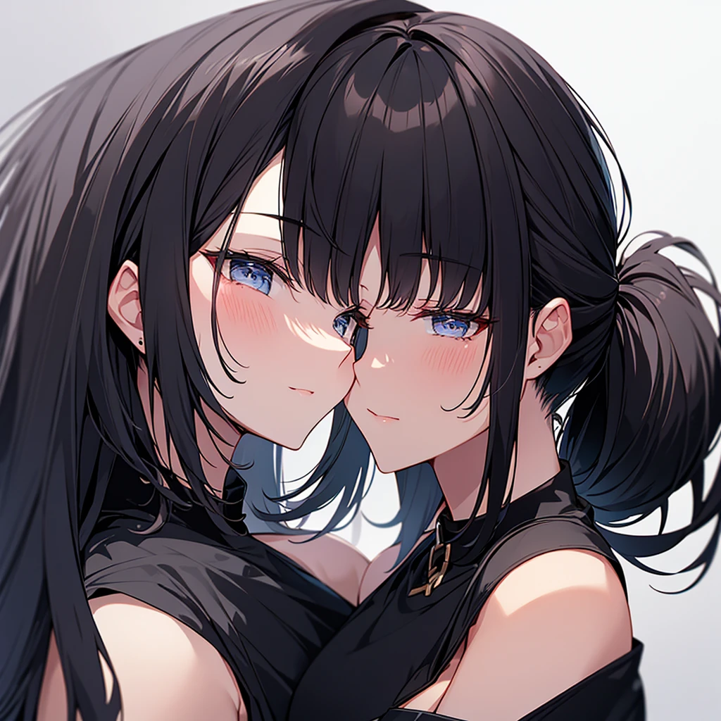 Close-up side view of beautiful woman with black hair and ponytail kissing face, one person
