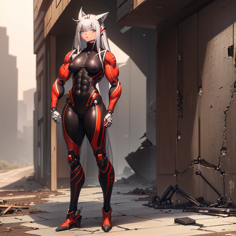 (Fox Girl, Fox Ears, Silver Hair, Fox Makeup, One Girl, Long Hair, Alone on the screen, dark skin, High definition:1.6), (mecha musume, Machinery Parts,Robot Joints, White and red clothes, Full body mechanical suit:1.8), (Body measurements are 75-60-75!, Young girl body, Small breasts, Proudly, Standing posture, slender, muscle:1.9), Avatar, face, lewd face, Dominant representation, naughty face, Uplifting, Skin Texture, outside, ruins, Ruined City, Broken Building, There are no people