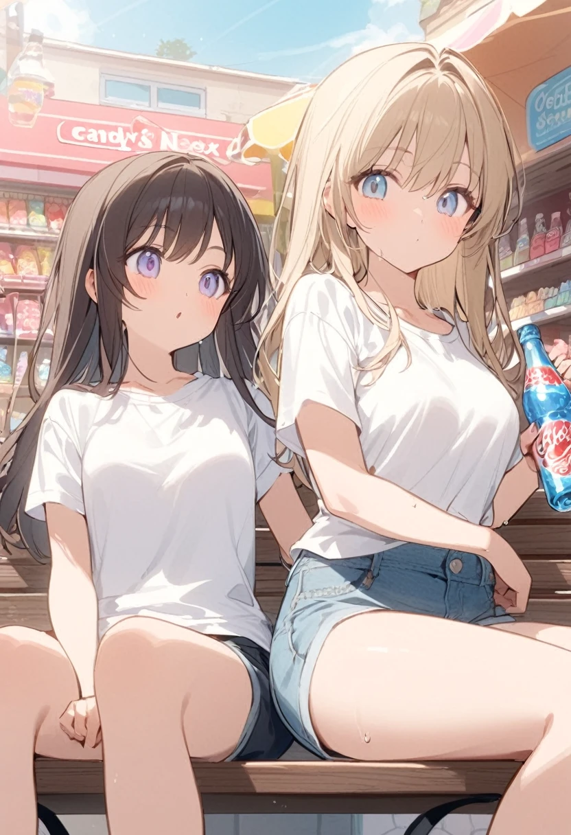 Summer vacation、Candy store background、Bench next to the candy store、Sitting、Two Girls、White T-shirt、Short trousers、Drinking soda from a bottle、Diagonal shot