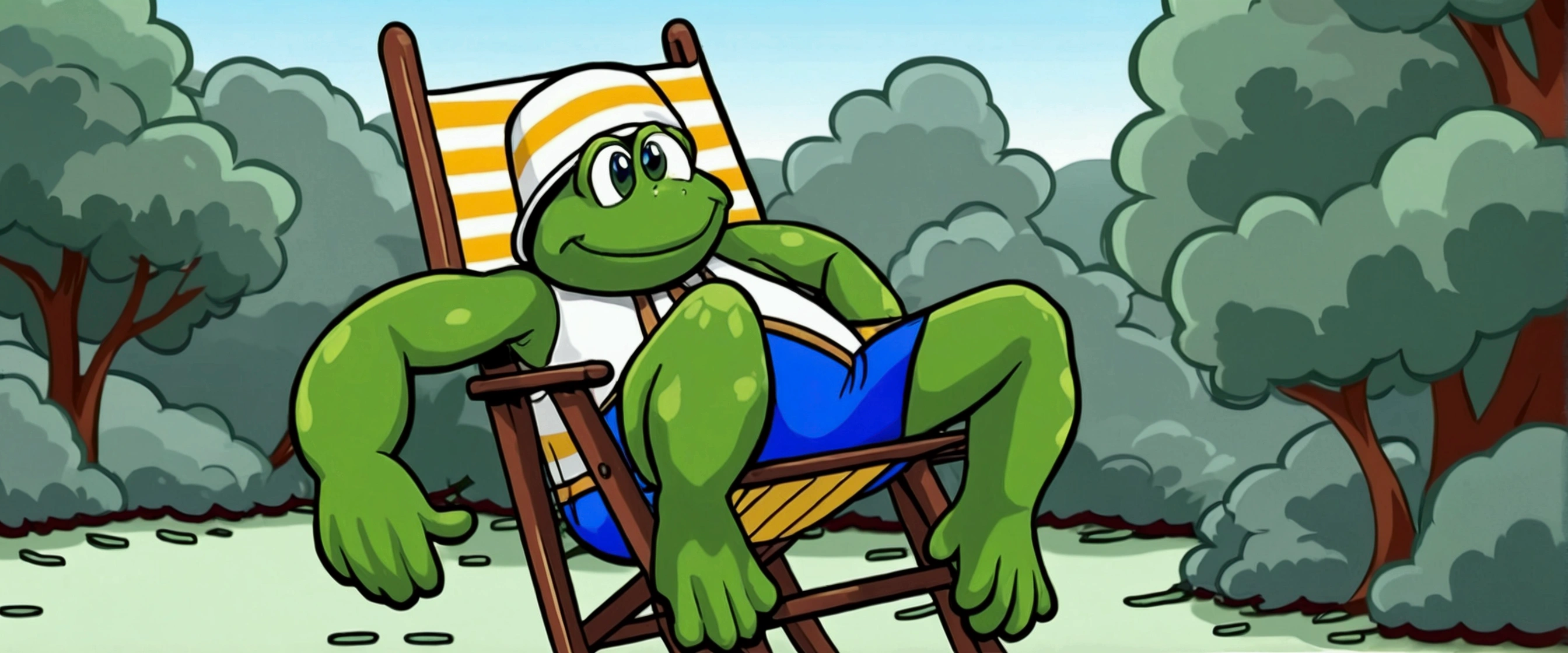 Cartoon frog wearing a hat sitting on a chair, Digital Art inspired by Károly Brocky, Deviant Art, Digital Art, super rich happy baby, 4 chan baby, Vigna in Vigna Sauce, as an anthropomorphic turtle, baby frog, baby the frog, baby, baby the frogs at war, anthropomorphic turtle humanoid