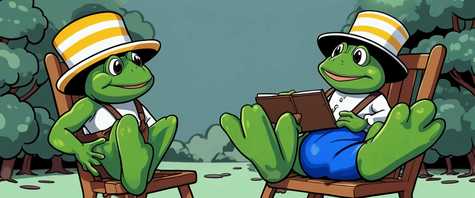Cartoon frog wearing a hat sitting on a chair, Digital Art inspired by Károly Brocky, Deviant Art, Digital Art, super rich happy baby, 4 chan baby, Vigna in Vigna Sauce, as an anthropomorphic turtle, baby frog, baby the frog, baby, baby the frogs at war, anthropomorphic turtle humanoid