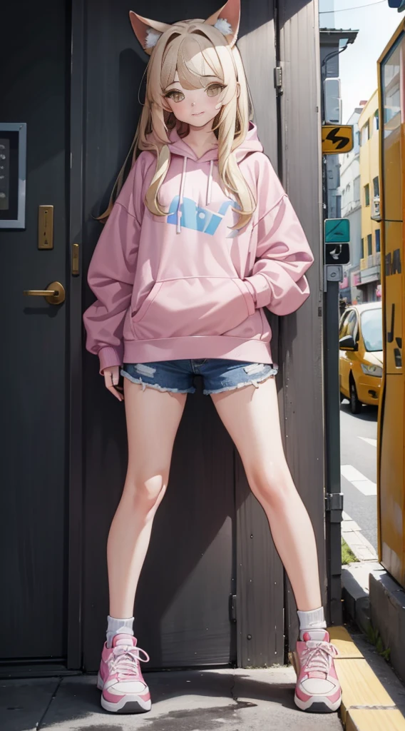 ager,pink hoodie,blue shorts, light brown pantyhoses,white sneakers,girl,vlogger,smiling,yellow eyes,black long straight hair,standing,simple,