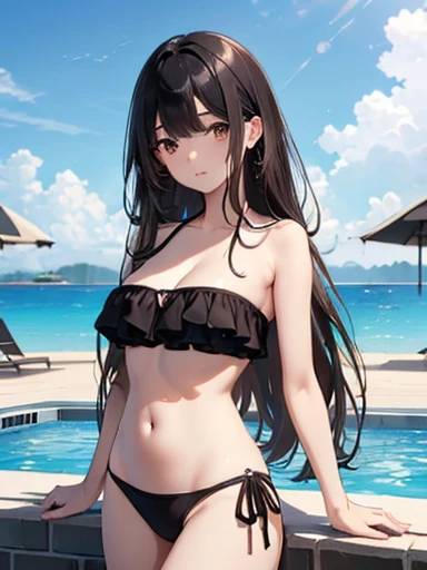 Highest quality, High resolution,thin、Brown eyes、expensive、Black Hair、(No bangs:1.3)、(Long Hair:1.3),(Straight hair:1.3)、Pool、(Black bandeau bikini:1.4)、Standing position、summer、Float Ring、Quite large breasts
