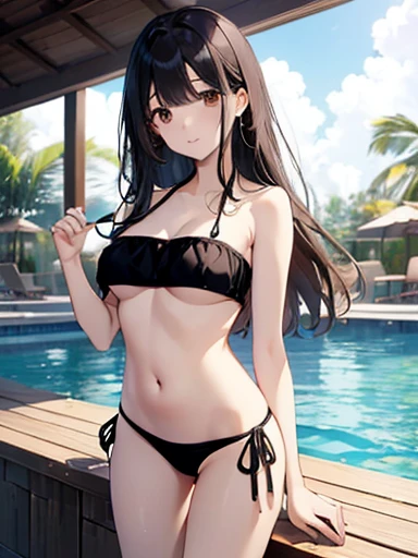Highest quality, High resolution,thin、Brown eyes、expensive、Black Hair、(No bangs:1.3)、(Long Hair:1.3),(Straight hair:1.3)、Pool、(Black bandeau bikini:1.4)、Standing position、summer、Float Ring、Quite large breasts
