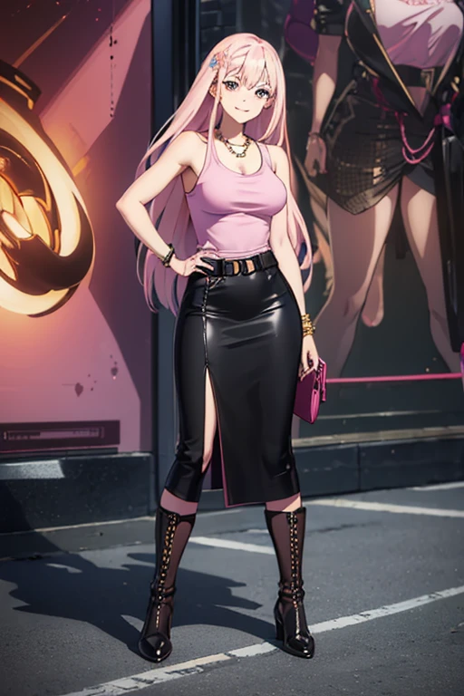 ((masterpiece, best quality, ultra-detailed)), beautiful woman smiling, pink tank top, bracelet, necklace, black midi pencil skirt, medium length skirt, leather boots, headphones, full body, long purple hair, hand on hip