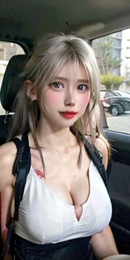 Inside the car、Leg spread、Naked、tits、White-haired beauty、H Cup