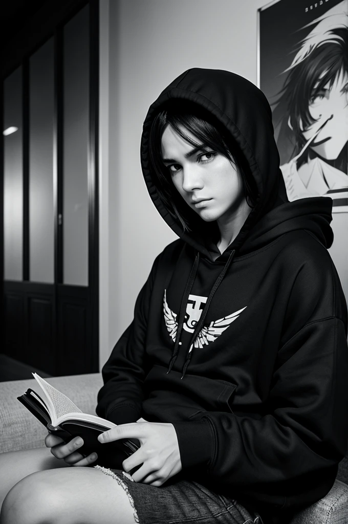 striking image of a brooding anime character with a mysterious expression reading a book in black and white style wearing a black hoodie